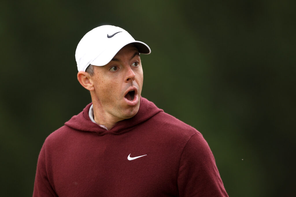 Rory McIlroy of Northern Ireland reacts on the sixth hole during day one of the BMW PGA Championship 2024