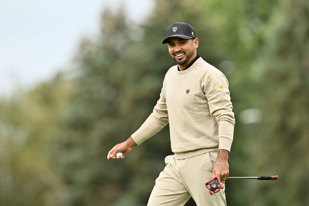Jason Day of Australia and the International Team reacts during a practice round prior to the 2024 Presidents Cup at The Royal Montreal Golf Club