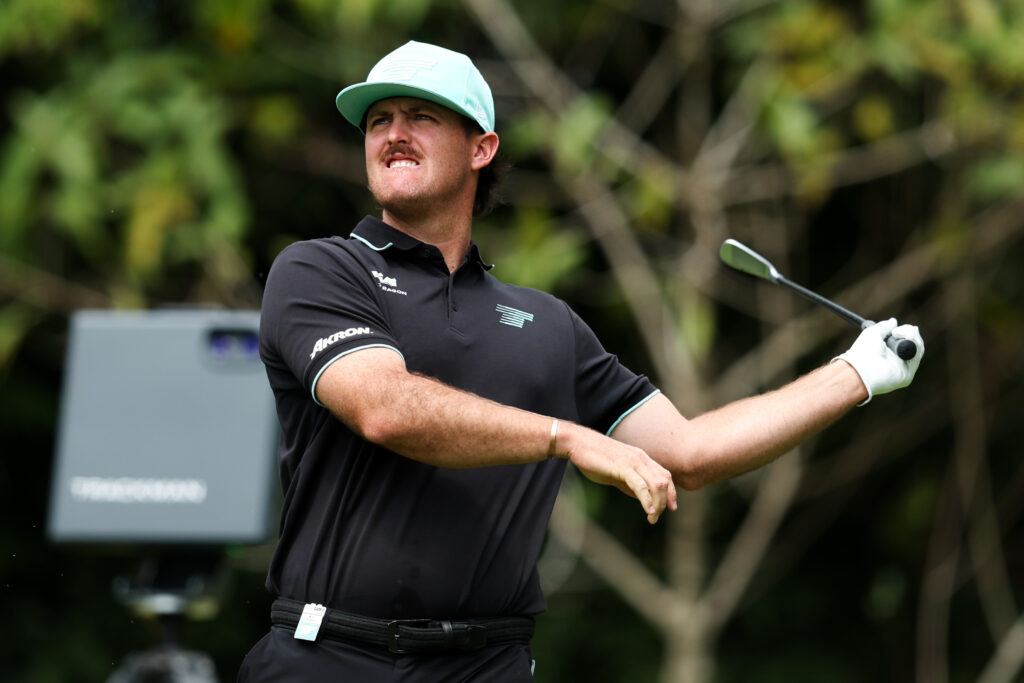 Mito Pereira reacts to his shot during the third round of LIV Golf Hong Kong