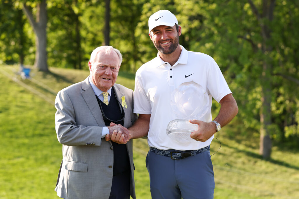 Jack Nicklaus shakes hands with Scottie Scheffler at the Memorial Tournament presented by Workday at Muirfield