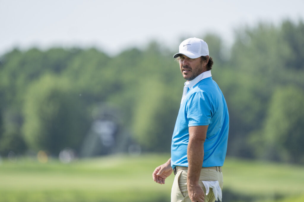 Brooks Koepka looks back at the green during the final round of LIV Golf Chicago