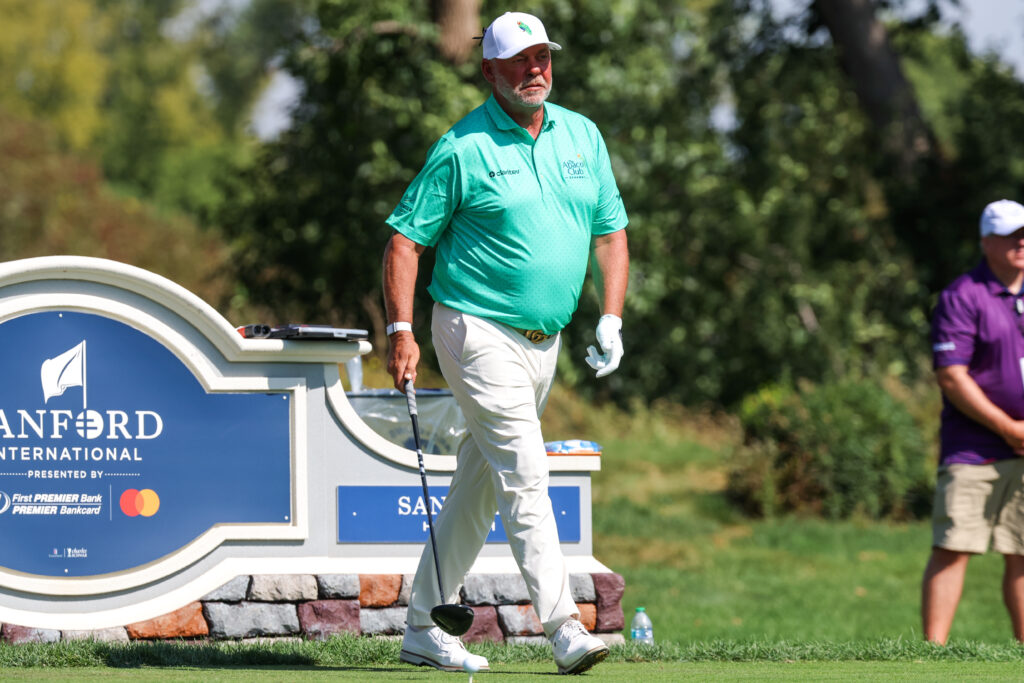 Darren Clarke gets ready to tee off during the Sanford International