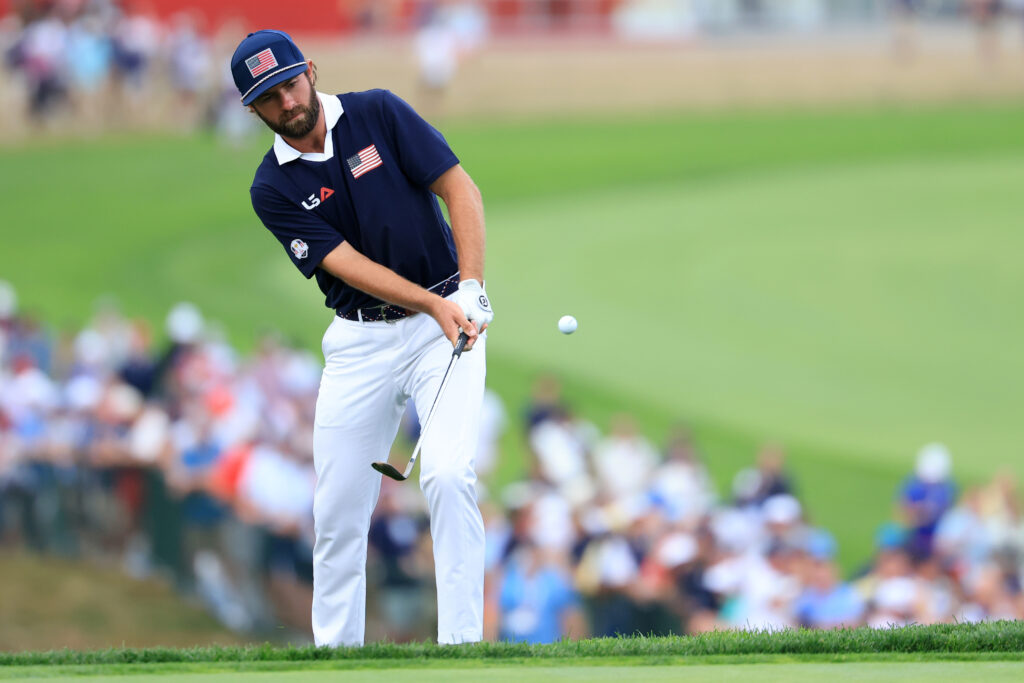 Cameron Young hits a chip shot during the Saturday afternoon session at the Ryder Cup