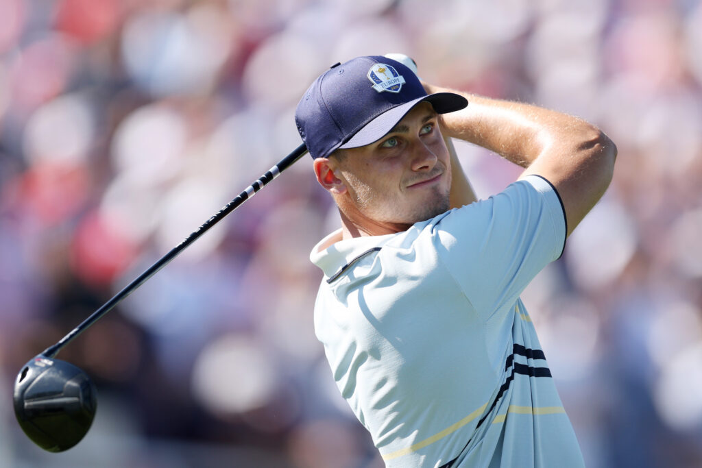 Ludvig Aberg tees off during the Friday afternoon session at the Ryder Cup