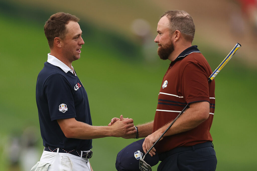 Justin Thomas and Shane Lowry after the Saturday afternoon four-balls at the 2025 Ryder Cup