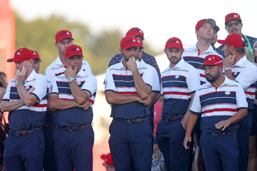 Team USA look on during the final day's play at the 2025 Ryder Cup