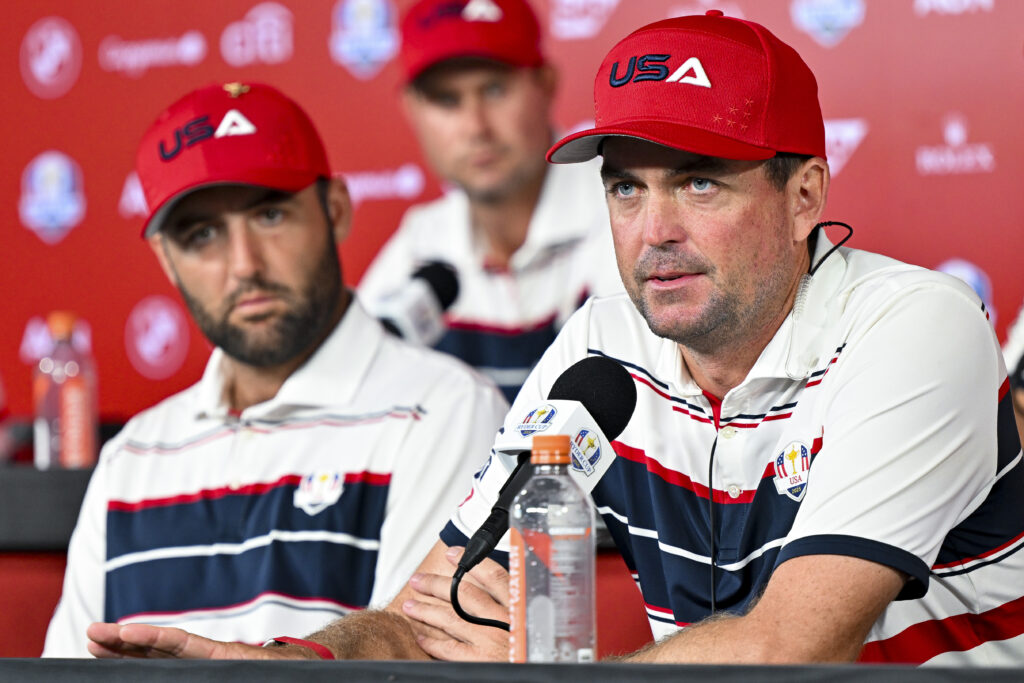 Keegan Bradley speaks to the media after Team USA's loss at the 2025 Ryder Cup