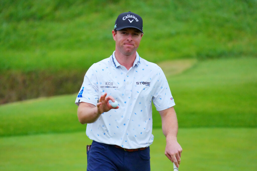 Max Greyserman acknowledges the crowd during the third round of the Baycurrent Classic