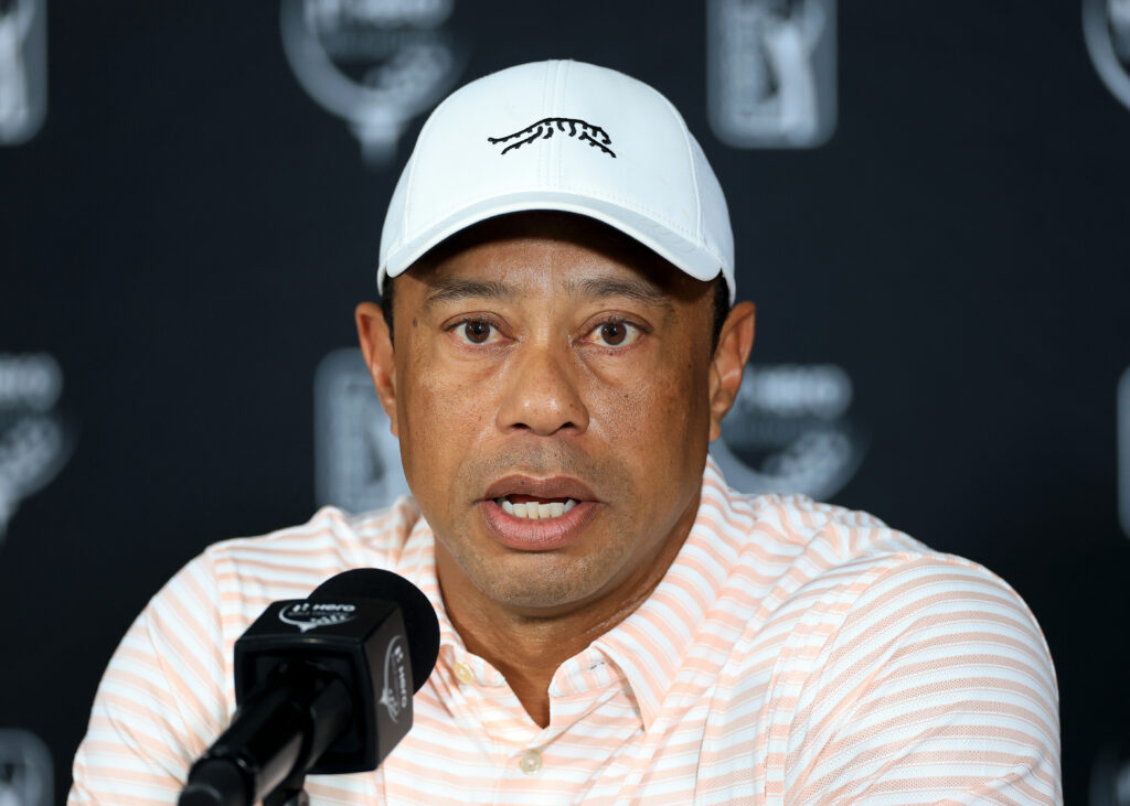 Tiger Woods speaks to the media prior to the Hero World Challenge 2025 at Albany Golf Course