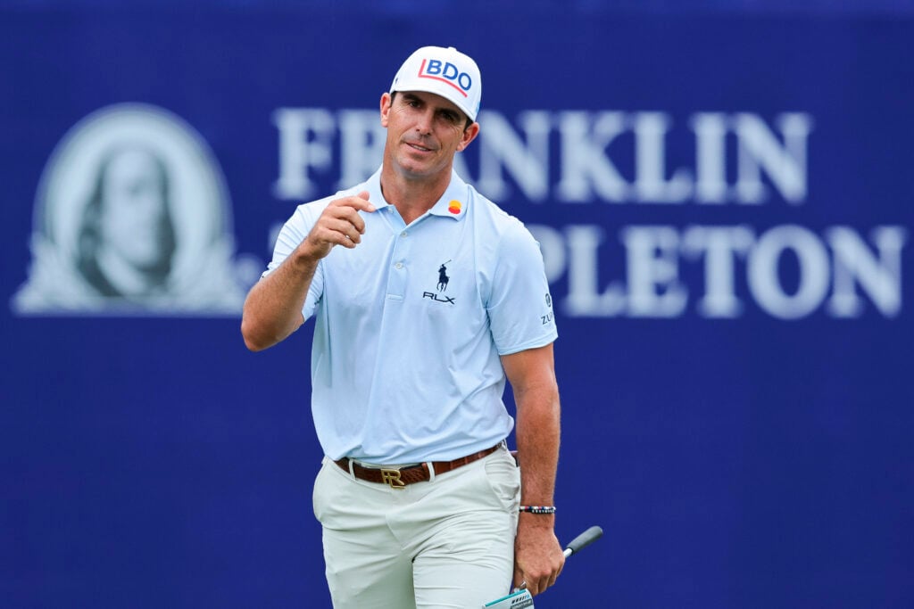 Billy Horschel of the United States reacts to a putt on the 18th hole during the second round of the Grant Thornton Invitational 2025