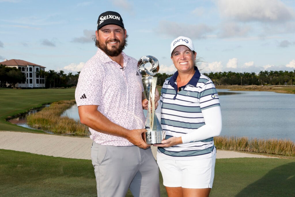 Andrew Novak of the United States and Lauren Coughlin of the United States pose with the trophy after winning the Grant Thornton Invitational 2025