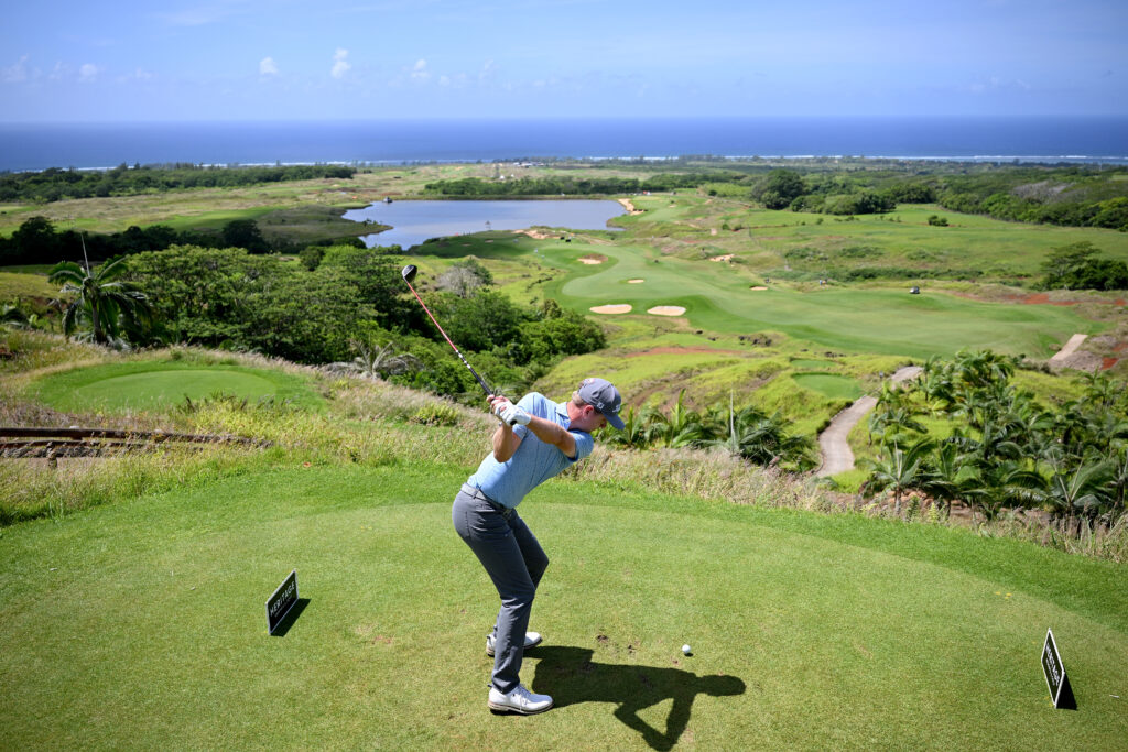 Ryan Gerard of the United States tees off on the fifth hole on day four of the AfrAsia Bank Mauritius Open 2026