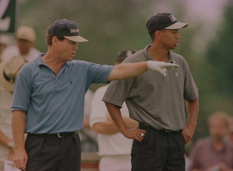 11 Jun 1996:  Tom Watson gives a few pointers to Tiger Woods (right) during the practice round of the U.S. Open at Oakland Hills Country Club in Bl...