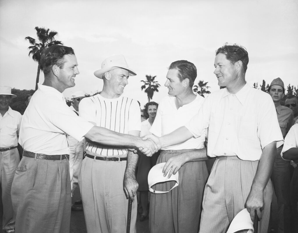 Byron Nelson Shaking Hands with Harold McSpaden, Sammy Byrd and Denny Shute
