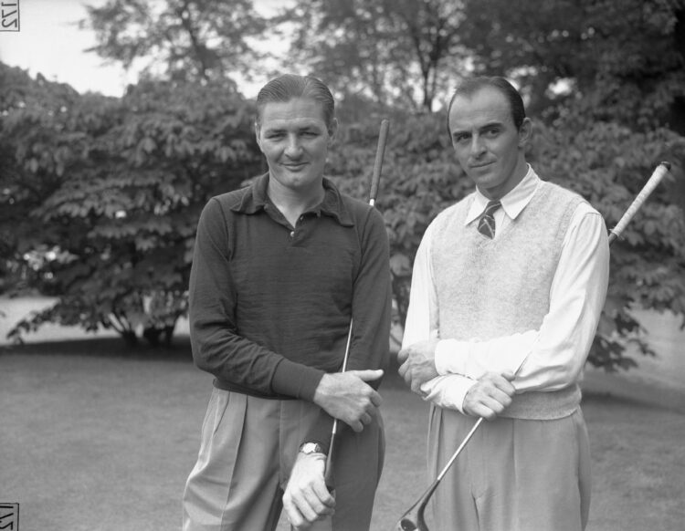 (Original Caption) Harold "Jug" McSpaden, of Winchester, Massachusetts, who defeated Paul Runyan (left) with Sam Snead, of Shawnee, Pennsylvania, w...