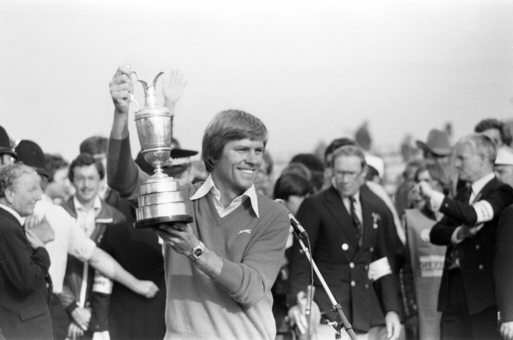 Bill Rogers celebrates winning The Open Championship in 1981