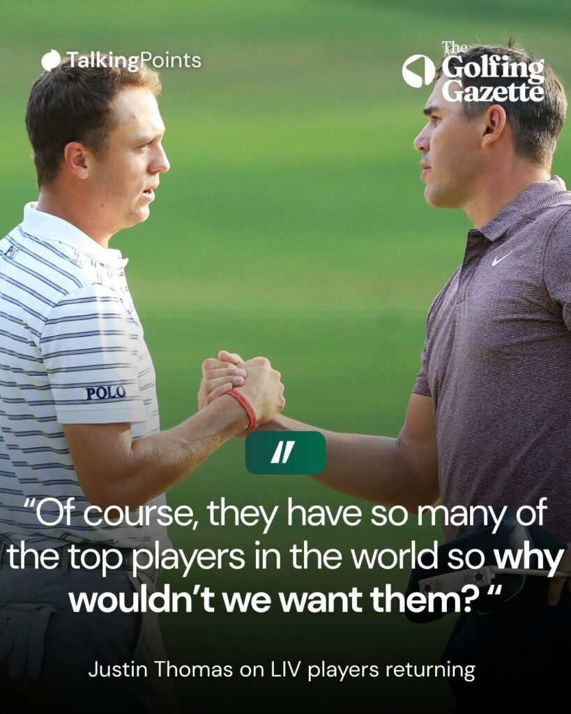 A graphic of Justin Thomas saying he wants LIV Golf players back on the PGA Tour.