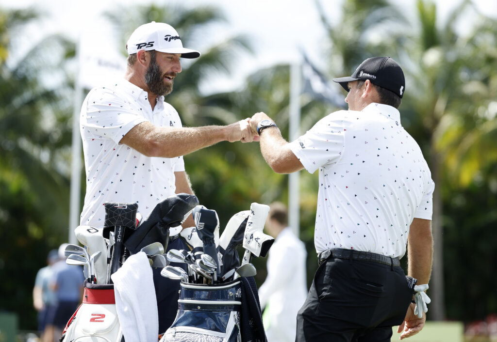 Dustin Johnson and Patrick Reed speak during the pro-am at LIV Golf Miami