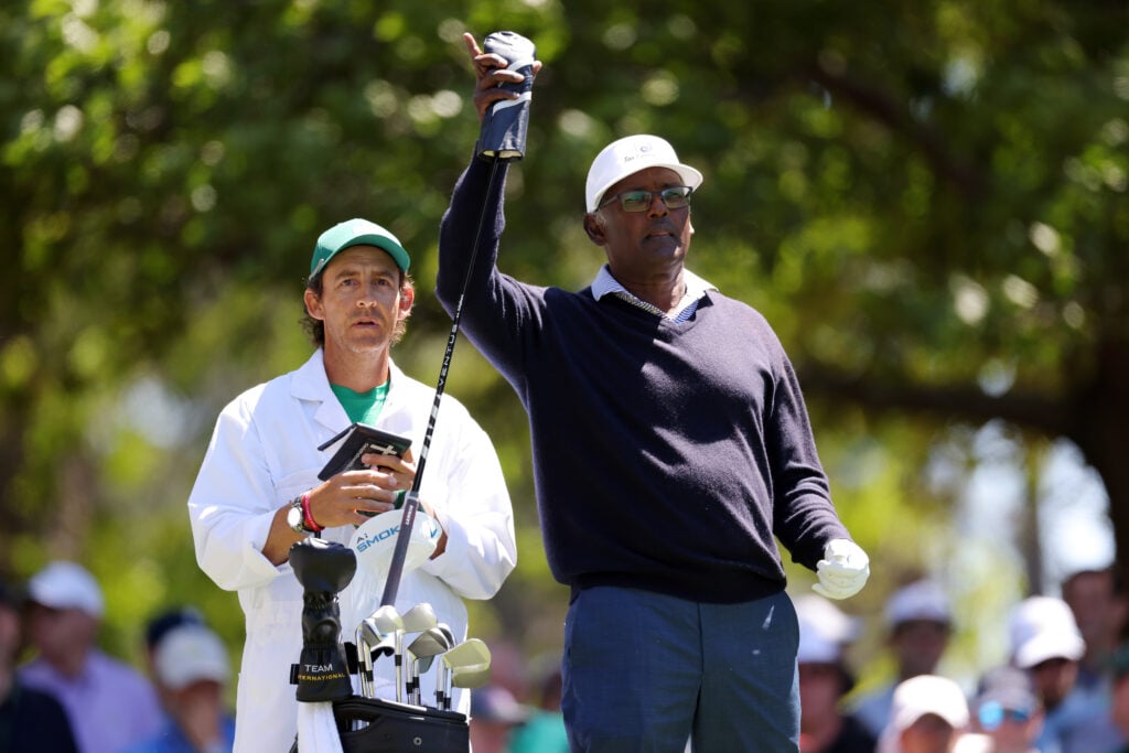 Vijay Singh of Fiji selects a club from his bag on the fourth tee during the third round of the 2024 Masters Tournament