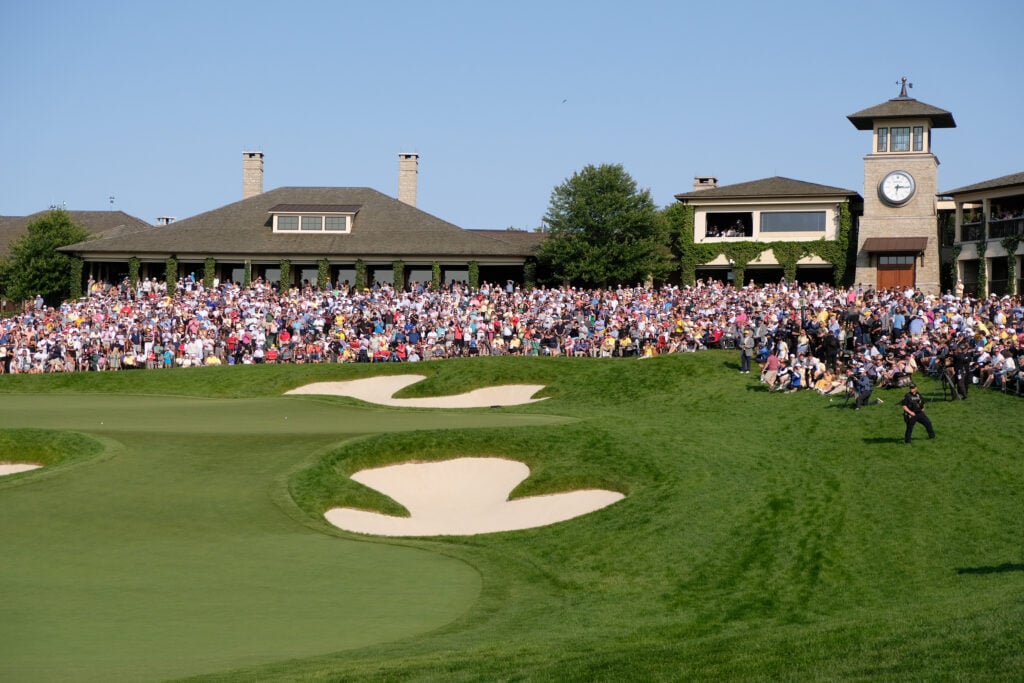 A general view of the 18th green during the final round of the Memorial Tournament presented by Workday at Muirfield Village Golf Club