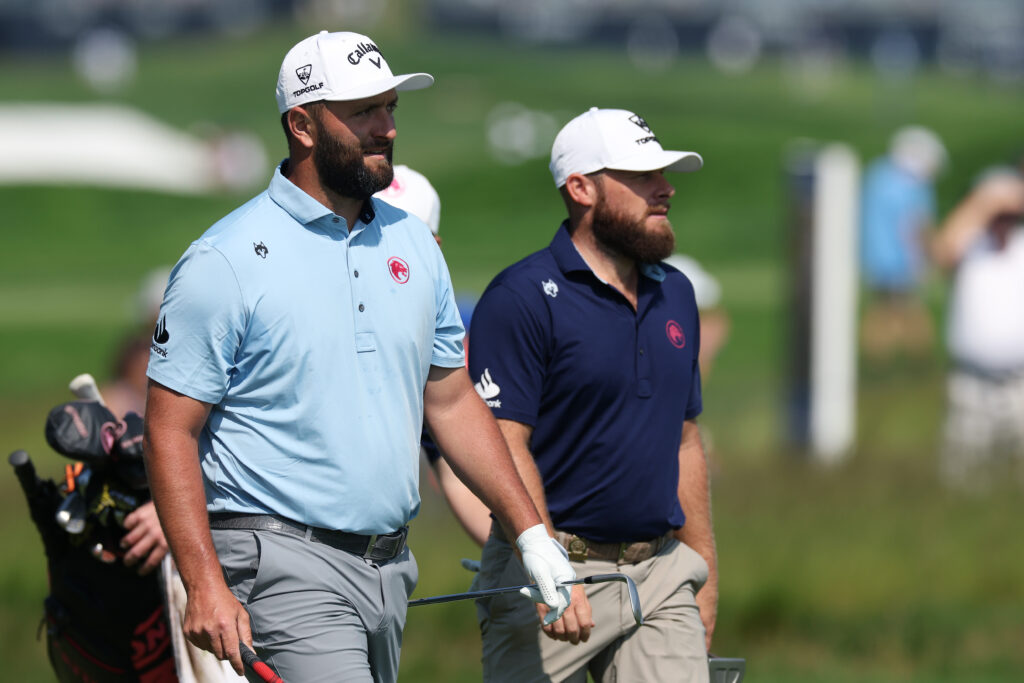 Jon Rahm and Tyrrell Hatton during a practice round ahead of the US Open