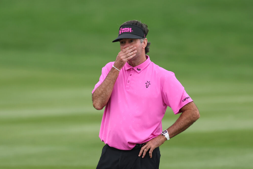 Bubba Watson reacts to his shot on the 16th hole during the final round of LIV Golf UK