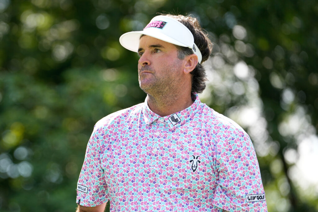 Bubba Watson of Rangegoats GC watches his shot from the sixth tee during day one of the LIV Golf Team Championship Michigan