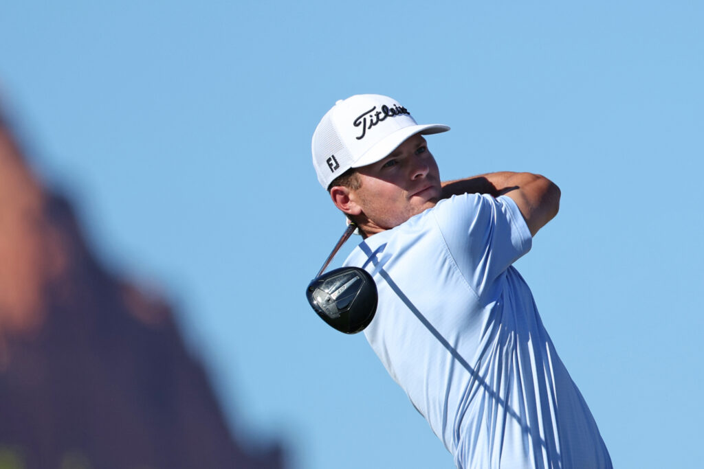 Michael Brennan hits a tee shot during the second round of the Bank of Utah Championship