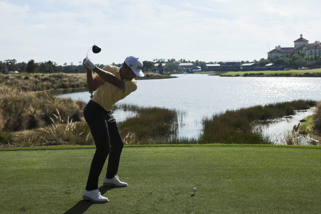 Michael Brennan hits a tee shot on the 18th hole during the first round of the Grant Thornton Invitational