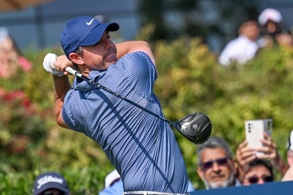 Rory McIlroy hits a tee shot during the final round of the Dubai Invitational 2026