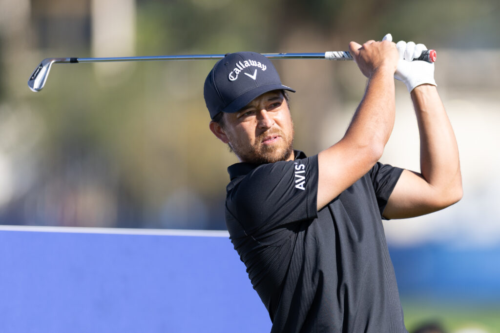 Xander Schauffele tees off during the first round of the Farmers Insurance Open on January 29, 2026, at Torrey Pines Golf Course