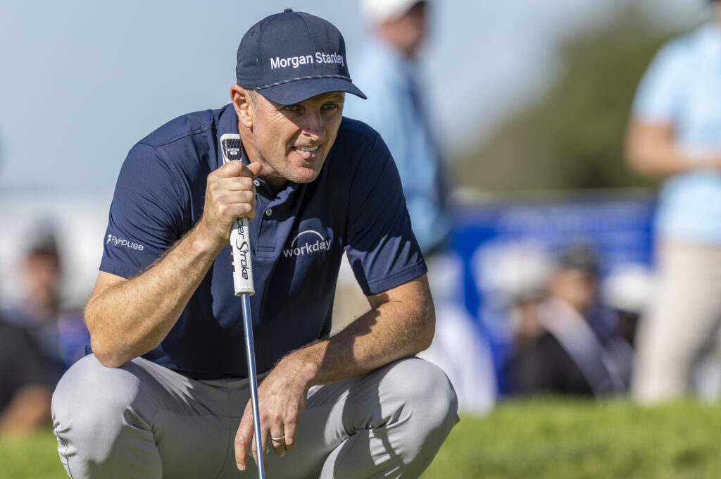 Justin Rose studies a putt on the 17th green during the second round of the Farmers Insurance Open, Friday, January 30, 2026