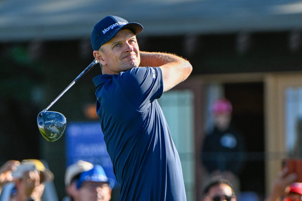 Justin Rose (GBR) watches his tee shot on 1 (SC)) during the second round of the Farmers Insurance Open on January 30, 2026,