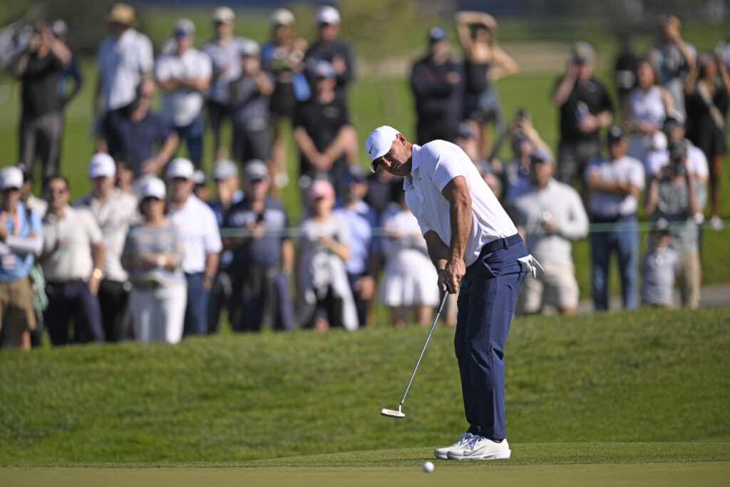 Brooks Koepka of the United States putts on the tenth green during the second round of the Farmers Insurance Open 2026