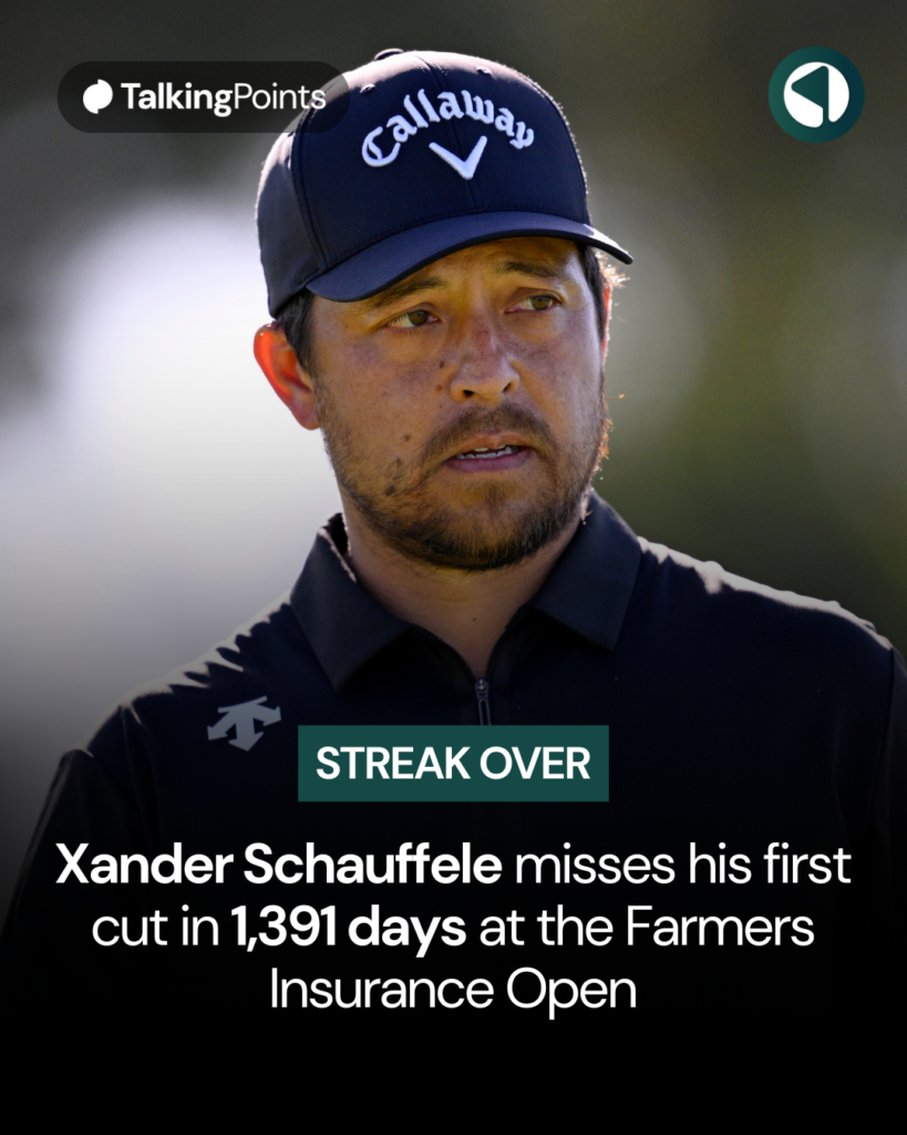 A graphic which reads: STREAK OVER: Xander Schauffele misses his first cut in 1,391 days at the Farmers Insurance Open
