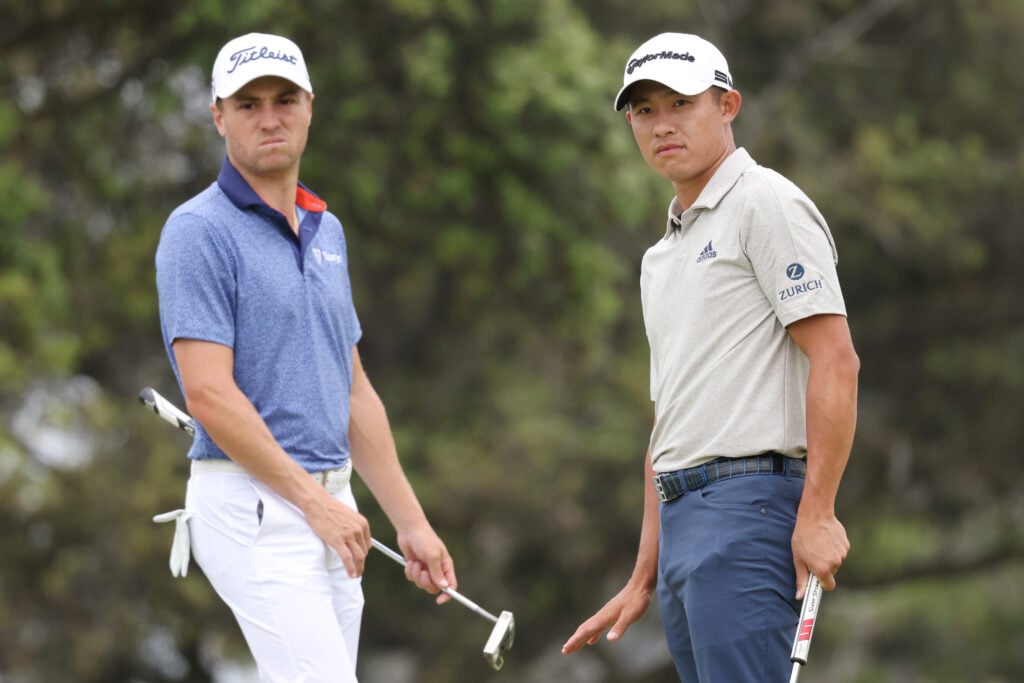 Justin Thomas and Collin Morikawa on the second green during the third round of the 2021 U.S. Open at Torrey Pines.
