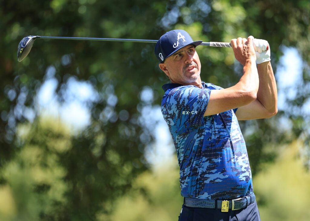 Pat Perez hits a tee shot during the third round of LIV Golf Andalucia