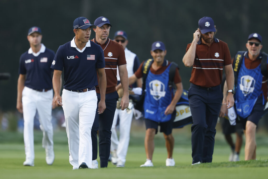 Collin Morikawa, Rory McIlroy and Tommy Fleetwood during the Saturday morning session at the 2025 Ryder Cup
