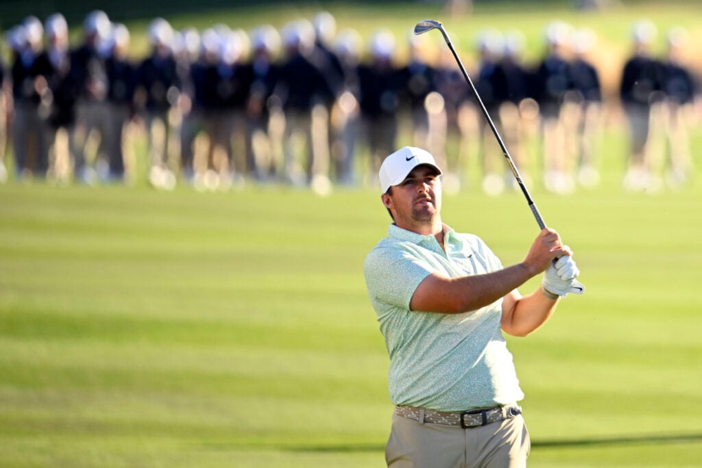 Chris Gotterup hits his approach into the final hole during the playoff with Hideki Matsuyama at the WM Phoenix Open