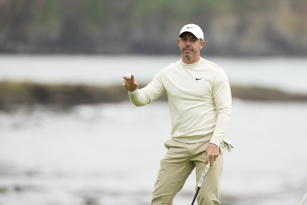 Rory McIlroy waves at the 18th green during the second round of AT&T Pebble Beach Pro-Am at Pebble Beach Golf Links