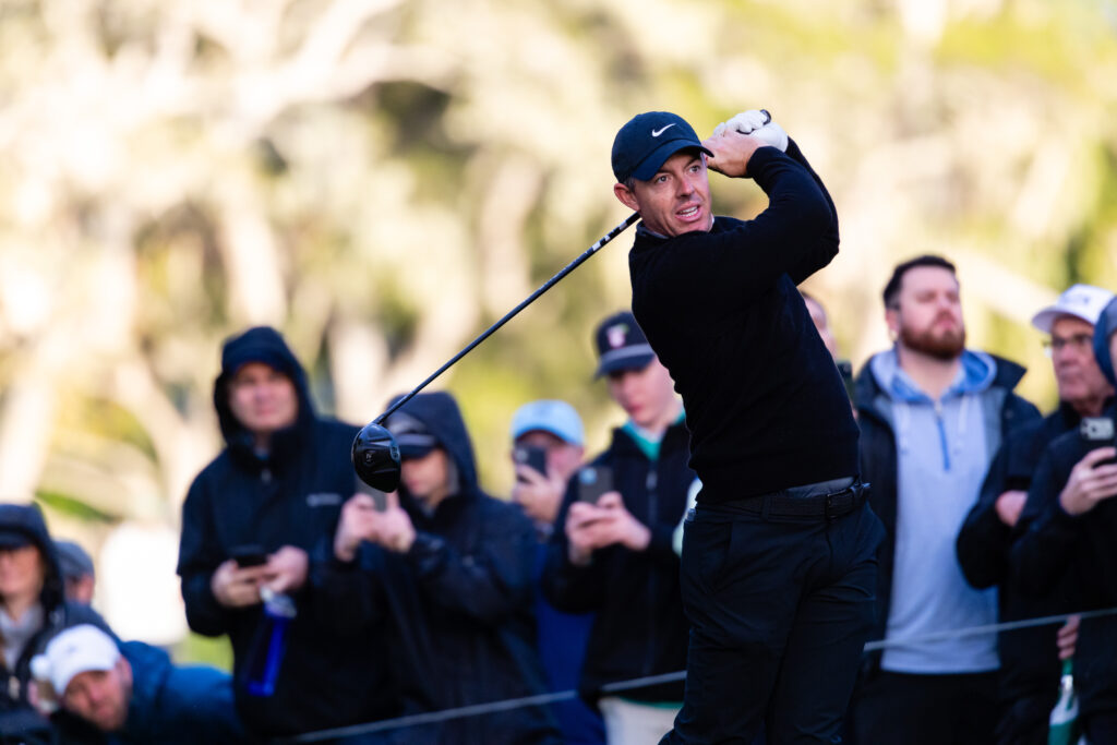 Rory McIlroy tees off on the second hole during the final round of the AT&T Pebble Beach Pro-Am 2026