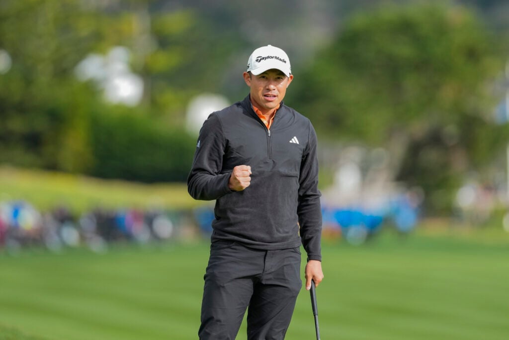 Collin Morikawa reacts to holing the putt to win the AT&T Pebble Beach Pro-Am