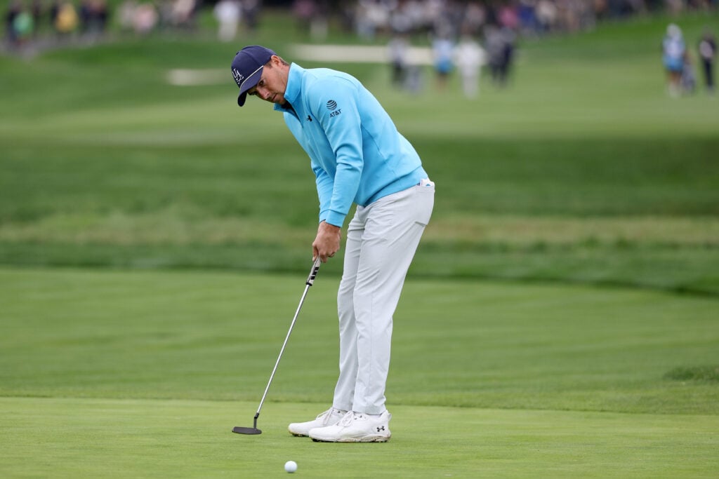 Jordan Spieth putting for birdie on the second green during the third round of the AT&T Pebble Beach Pro-Am 2026.