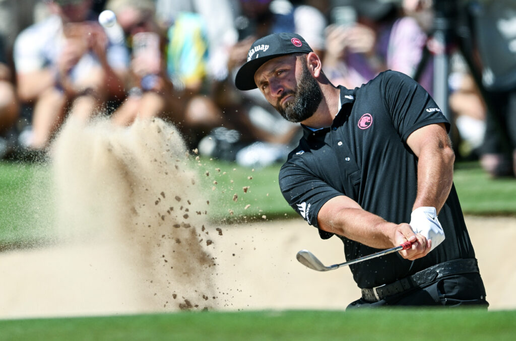 Jon Rahm hits out of a bunker during the final round of LIV Golf Adelaide