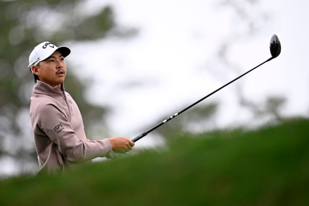 Min Woo Lee plays his shot from the second tee during the final round of the AT&T Pebble Beach Pro-Am 2026.