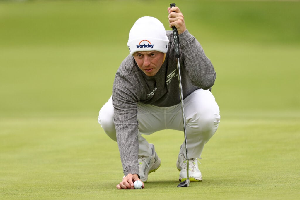 Matt Fitzpatrick lines up a putt on the eighth green during the second round of The Genesis Invitational 2026 at Riviera.