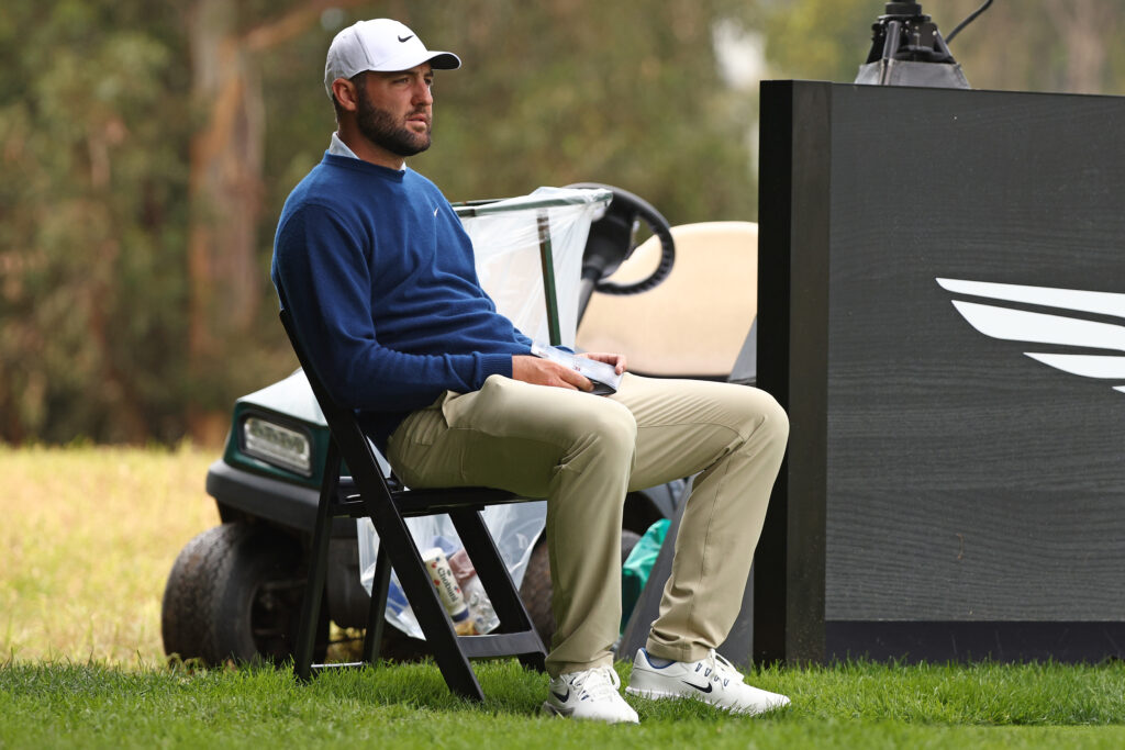 Scottie Scheffler waits on the tee during the second round of the Genesis Invitational at Riviera