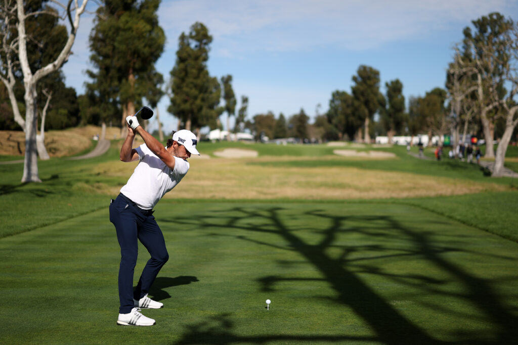 Marco Penge plays his shot from the 17th tee during the second round of The Genesis Invitational 2026 at Riviera