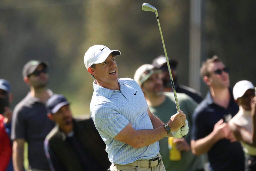 Rory McIlroy hits his approach into 11 during the final round of the Genesis Invitational at Riviera