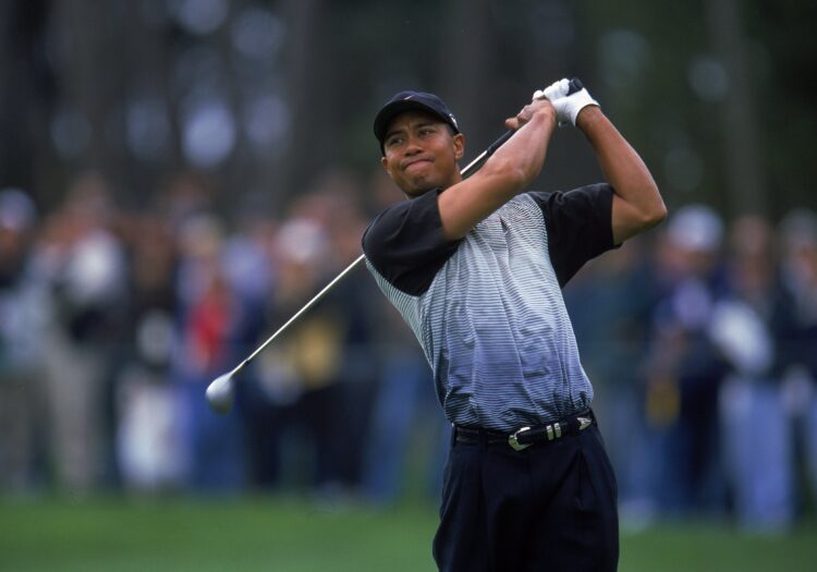 4 Feb 2000: Tiger Woods follows his swing during the AT&T Pebble Beach Pro - AM at Poppy Hills Golf Course in Pebble Beach, California.. Mandat...